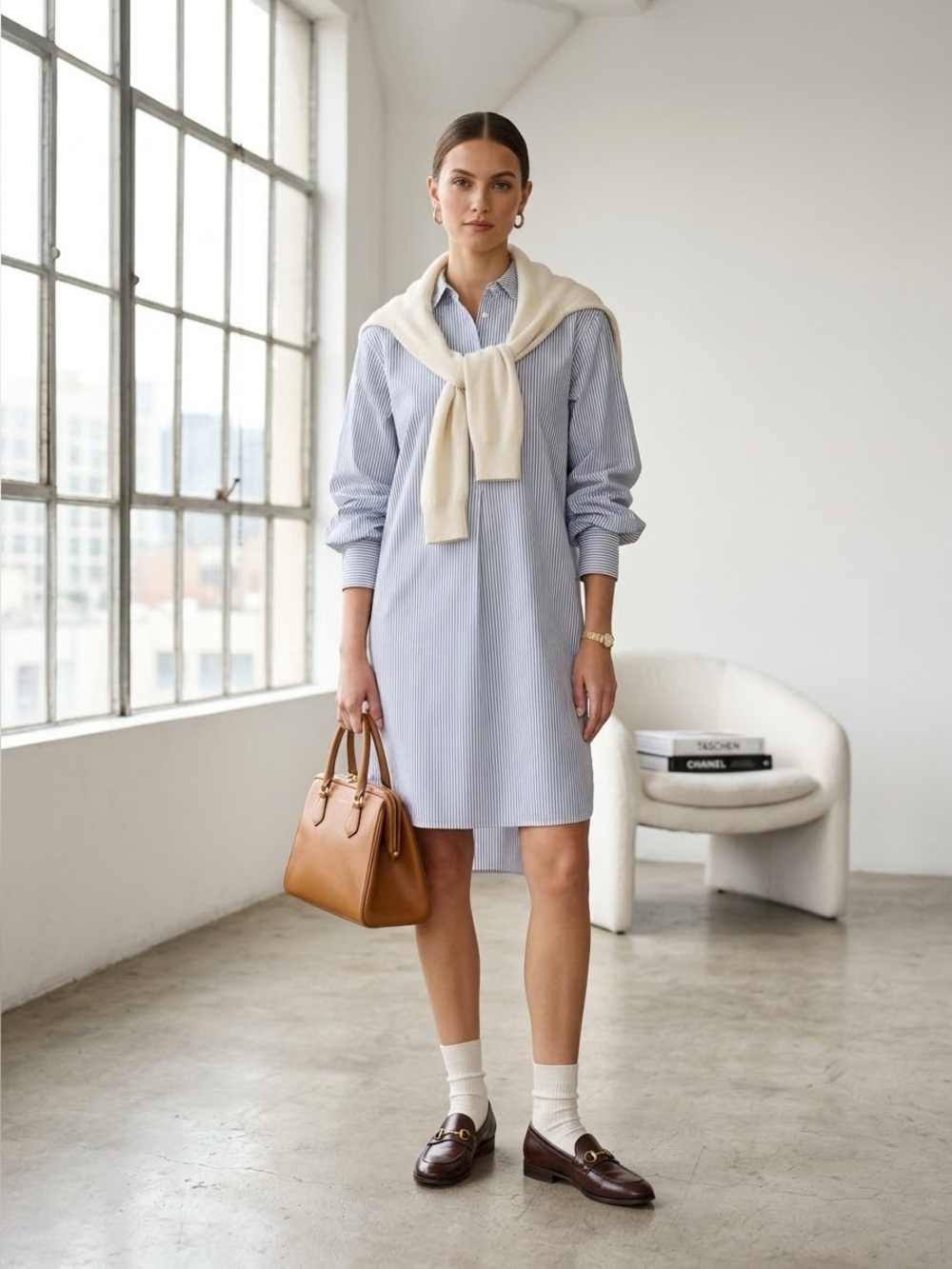 Nili Lotan blue & white stripe classic silk shirt dress - Small